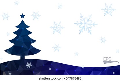 Blue postcard low polygon style christmas tree vector illustration consisting of triangles.Abstract triangular polygonal origami or crystal design of New Years celebration.Isolated on white background
