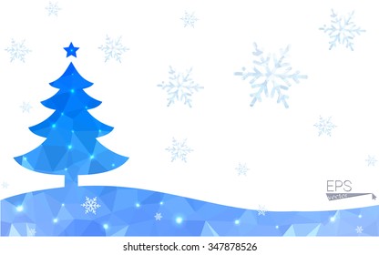 Blue postcard low polygon style christmas tree vector illustration consisting of triangles.Abstract triangular polygonal origami or crystal design of New Years celebration.Isolated on white background