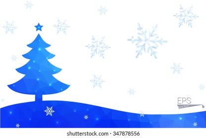 Blue postcard low polygon style christmas tree vector illustration consisting of triangles.Abstract triangular polygonal origami or crystal design of New Years celebration.Isolated on white background