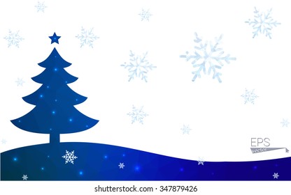Blue postcard low polygon style christmas tree vector illustration consisting of triangles.Abstract triangular polygonal origami or crystal design of New Years celebration.Isolated on white background