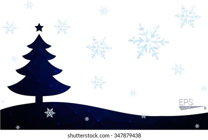 Blue postcard low polygon style christmas tree vector illustration consisting of triangles.Abstract triangular polygonal origami or crystal design of New Years celebration.Isolated on white background