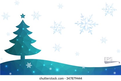 Blue postcard low polygon style christmas tree vector illustration consisting of triangles.Abstract triangular polygonal origami or crystal design of New Years celebration.Isolated on white background