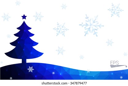 Blue postcard low polygon style christmas tree vector illustration consisting of triangles.Abstract triangular polygonal origami or crystal design of New Years celebration.Isolated on white background