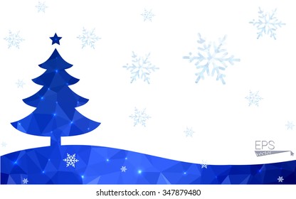 Blue postcard low polygon style christmas tree vector illustration consisting of triangles.Abstract triangular polygonal origami or crystal design of New Years celebration.Isolated on white background
