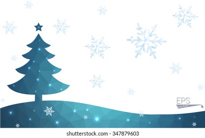 Blue postcard low polygon style christmas tree vector illustration consisting of triangles.Abstract triangular polygonal origami or crystal design of New Years celebration.Isolated on white background