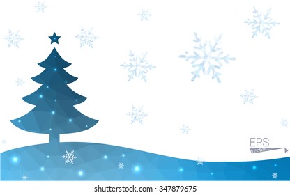 Blue postcard low polygon style christmas tree vector illustration consisting of triangles.Abstract triangular polygonal origami or crystal design of New Years celebration.Isolated on white background
