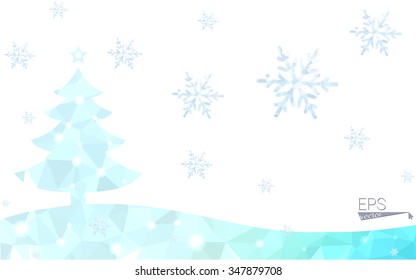 Blue postcard low polygon style christmas tree vector illustration consisting of triangles.Abstract triangular polygonal origami or crystal design of New Years celebration.Isolated on white background