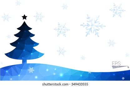 Blue postcard low polygon style christmas tree vector illustration consisting of triangles.Abstract triangular polygonal origami or crystal design of New Years celebration.Isolated on white background
