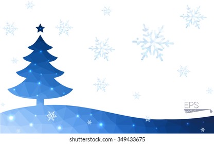 Blue postcard low polygon style christmas tree vector illustration consisting of triangles.Abstract triangular polygonal origami or crystal design of New Years celebration.Isolated on white background