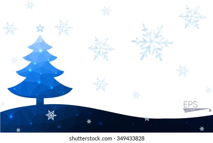 Blue postcard low polygon style christmas tree vector illustration consisting of triangles.Abstract triangular polygonal origami or crystal design of New Years celebration.Isolated on white background
