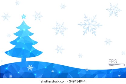 Blue postcard low polygon style christmas tree vector illustration consisting of triangles.Abstract triangular polygonal origami or crystal design of New Years celebration.Isolated on white background