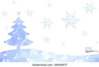 Blue postcard low polygon style christmas tree vector illustration consisting of triangles.Abstract triangular polygonal origami or crystal design of New Years celebration.Isolated on white background
