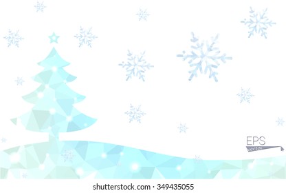 Blue postcard low polygon style christmas tree vector illustration consisting of triangles.Abstract triangular polygonal origami or crystal design of New Years celebration.Isolated on white background