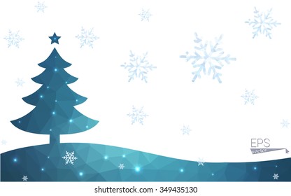 Blue postcard low polygon style christmas tree vector illustration consisting of triangles.Abstract triangular polygonal origami or crystal design of New Years celebration.Isolated on white background