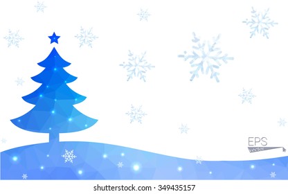 Blue postcard low polygon style christmas tree vector illustration consisting of triangles.Abstract triangular polygonal origami or crystal design of New Years celebration.Isolated on white background
