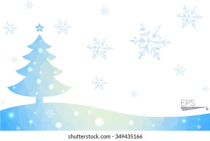 Blue postcard low polygon style christmas tree vector illustration consisting of triangles.Abstract triangular polygonal origami or crystal design of New Years celebration.Isolated on white background