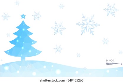 Blue postcard low polygon style christmas tree vector illustration consisting of triangles.Abstract triangular polygonal origami or crystal design of New Years celebration.Isolated on white background