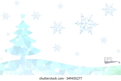 Blue postcard low polygon style christmas tree vector illustration consisting of triangles.Abstract triangular polygonal origami or crystal design of New Years celebration.Isolated on white background