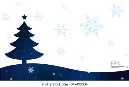 Blue postcard low polygon style christmas tree vector illustration consisting of triangles.Abstract triangular polygonal origami or crystal design of New Years celebration.Isolated on white background