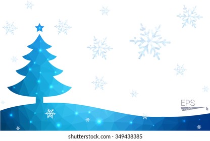 Blue postcard low polygon style christmas tree vector illustration consisting of triangles.Abstract triangular polygonal origami or crystal design of New Years celebration.Isolated on white background