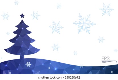 Blue postcard low polygon style christmas tree vector illustration consisting of triangles.Abstract triangular polygonal origami or crystal design of New Years celebration.Isolated on white background