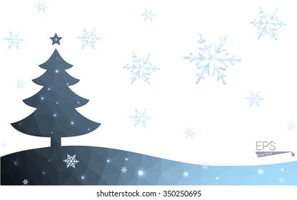 Blue postcard low polygon style christmas tree vector illustration consisting of triangles.Abstract triangular polygonal origami or crystal design of New Years celebration.Isolated on white background