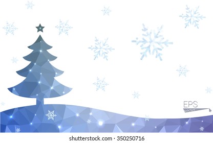 Blue postcard low polygon style christmas tree vector illustration consisting of triangles.Abstract triangular polygonal origami or crystal design of New Years celebration.Isolated on white background
