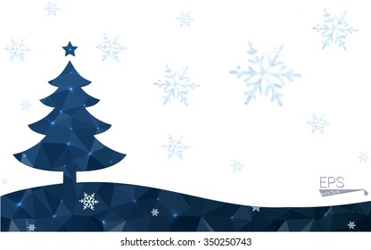 Blue postcard low polygon style christmas tree vector illustration consisting of triangles.Abstract triangular polygonal origami or crystal design of New Years celebration.Isolated on white background