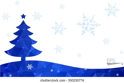 Blue postcard low polygon style christmas tree vector illustration consisting of triangles.Abstract triangular polygonal origami or crystal design of New Years celebration.Isolated on white background