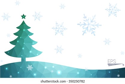 Blue postcard low polygon style christmas tree vector illustration consisting of triangles.Abstract triangular polygonal origami or crystal design of New Years celebration.Isolated on white background