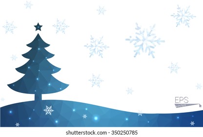 Blue postcard low polygon style christmas tree vector illustration consisting of triangles.Abstract triangular polygonal origami or crystal design of New Years celebration.Isolated on white background