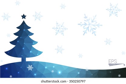 Blue postcard low polygon style christmas tree vector illustration consisting of triangles.Abstract triangular polygonal origami or crystal design of New Years celebration.Isolated on white background