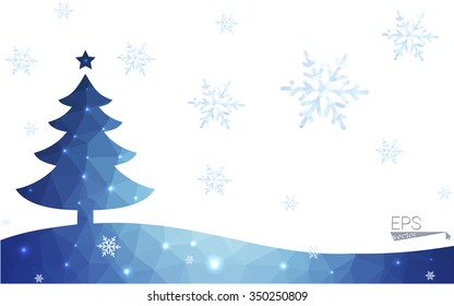 Blue postcard low polygon style christmas tree vector illustration consisting of triangles.Abstract triangular polygonal origami or crystal design of New Years celebration.Isolated on white background