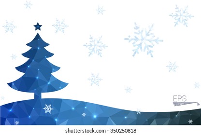 Blue postcard low polygon style christmas tree vector illustration consisting of triangles.Abstract triangular polygonal origami or crystal design of New Years celebration.Isolated on white background
