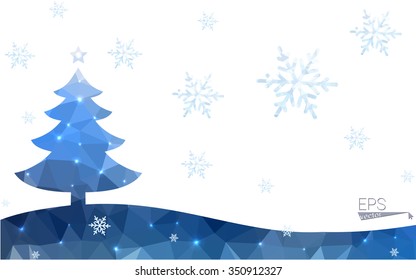 Blue postcard low polygon style christmas tree vector illustration consisting of triangles.Abstract triangular polygonal origami or crystal design of New Years celebration.Isolated on white background