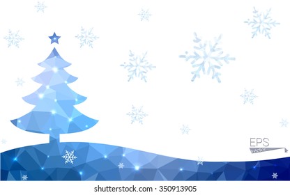 Blue postcard low polygon style christmas tree vector illustration consisting of triangles.Abstract triangular polygonal origami or crystal design of New Years celebration.Isolated on white background