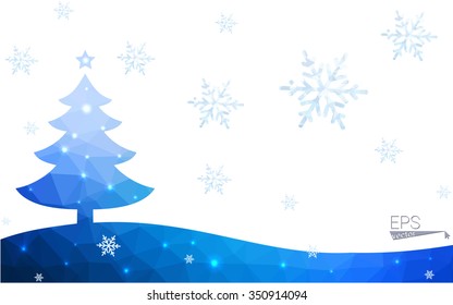 Blue postcard low polygon style christmas tree vector illustration consisting of triangles.Abstract triangular polygonal origami or crystal design of New Years celebration.Isolated on white background