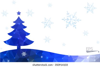 Blue postcard low polygon style christmas tree vector illustration consisting of triangles.Abstract triangular polygonal origami or crystal design of New Years celebration.Isolated on white background