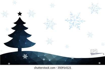 Blue postcard low polygon style christmas tree vector illustration consisting of triangles.Abstract triangular polygonal origami or crystal design of New Years celebration.Isolated on white background