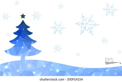 Blue postcard low polygon style christmas tree vector illustration consisting of triangles.Abstract triangular polygonal origami or crystal design of New Years celebration.Isolated on white background