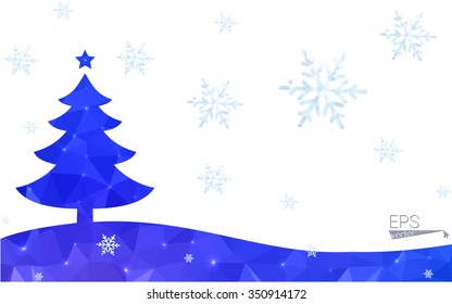 Blue postcard low polygon style christmas tree vector illustration consisting of triangles.Abstract triangular polygonal origami or crystal design of New Years celebration.Isolated on white background