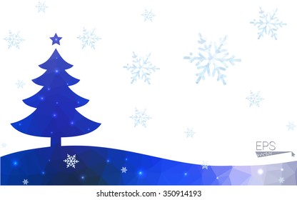 Blue postcard low polygon style christmas tree vector illustration consisting of triangles.Abstract triangular polygonal origami or crystal design of New Years celebration.Isolated on white background