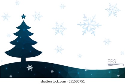 Blue postcard low polygon style christmas tree vector illustration consisting of triangles.Abstract triangular polygonal origami or crystal design of New Years celebration.Isolated on white background