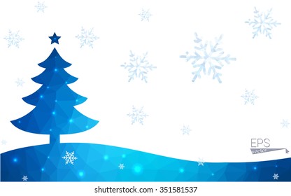 Blue postcard low polygon style christmas tree vector illustration consisting of triangles.Abstract triangular polygonal origami or crystal design of New Years celebration.Isolated on white background