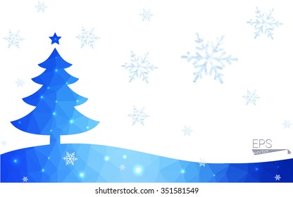 Blue postcard low polygon style christmas tree vector illustration consisting of triangles.Abstract triangular polygonal origami or crystal design of New Years celebration.Isolated on white background