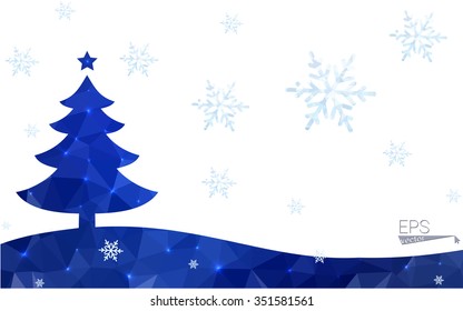 Blue postcard low polygon style christmas tree vector illustration consisting of triangles.Abstract triangular polygonal origami or crystal design of New Years celebration.Isolated on white background