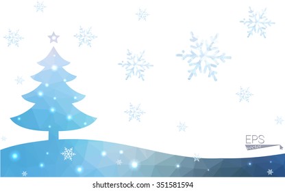 Blue postcard low polygon style christmas tree vector illustration consisting of triangles.Abstract triangular polygonal origami or crystal design of New Years celebration.Isolated on white background
