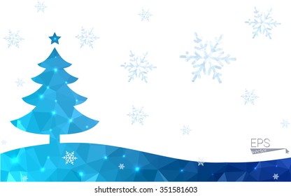 Blue postcard low polygon style christmas tree vector illustration consisting of triangles.Abstract triangular polygonal origami or crystal design of New Years celebration.Isolated on white background