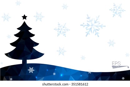 Blue postcard low polygon style christmas tree vector illustration consisting of triangles.Abstract triangular polygonal origami or crystal design of New Years celebration.Isolated on white background