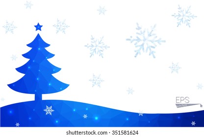 Blue postcard low polygon style christmas tree vector illustration consisting of triangles.Abstract triangular polygonal origami or crystal design of New Years celebration.Isolated on white background